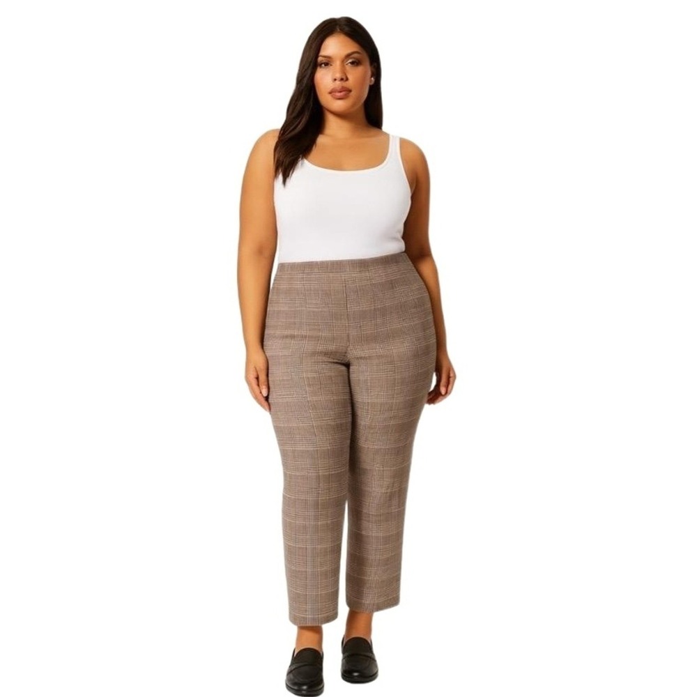 Boohoo Curve Pants Women's 12 Stretch  Plaid Tan Brown Ankle Office Professional